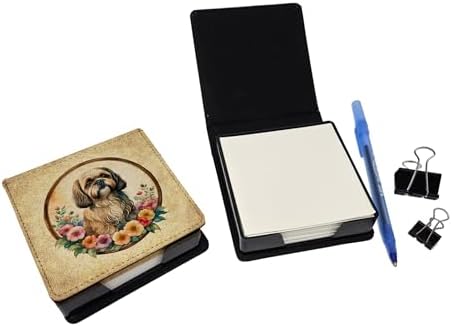 Caroline's Treasures Lhasa Apso and Flowers PU Leather Note Paper Holder with Artist-Designed Cover, Desk Accessory, Office Gift
