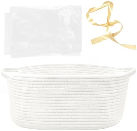 Woven Basket with Gift Bags and Ribbons, 14"X 10" X 6" Storage Basket White | Gift Storage Organizer Basket Bin Shelf Shelves Cotton Rope Basket for Nursery, Pet Toys