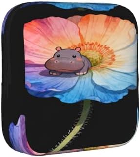 Multifunctional Feminine Care Pouch Watercolor Flowers Funny Hippo Art, Reusable Polyester Tampon Storage Bag, Fits Inside Purse for Travel Camping