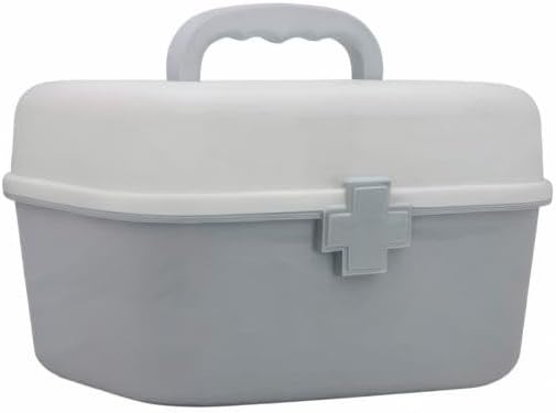 Plastic First Aid Storage Box Container Bin with Removable Tray and Portable Handle, Family Emergency Medicine Kit Case Organizer, White&Gray