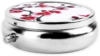 Cherry Japanese Cherry Blossom Printed Pill Organizer,Round Travel Pill Organizer Mini Medicine Pill Box for Purse Iron Plating