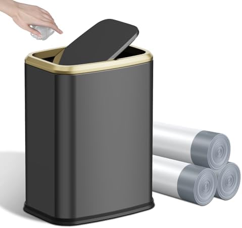 8L/2.1 Gal Small Bathroom Trash Can with Lid, Swing-Top Rectangular Waste Bin, Stainless Steel Garbage Can for Home, Office, Toilet, Bedroom, Living Room (Titanium Black)