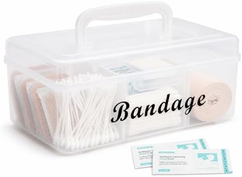 Bandage Organizer,3 Compartments Bandaid Holder with Lid & Handle,Bandaid Case for Home Medicine Cabinet, Office,Elastic Bandage Organizer Wrap,Cotton Swabs（White）
