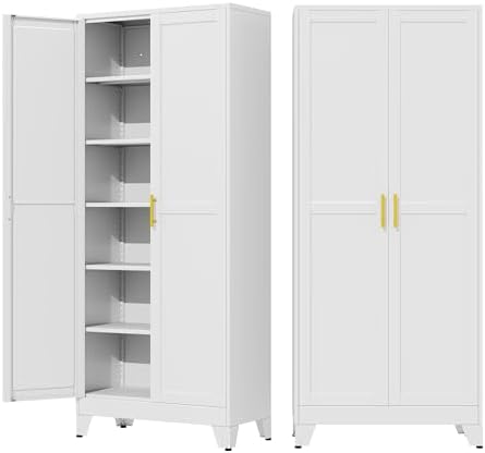 75" Metal Garage Storage Cabinet with 2 Doors and 5 Adjustable Shelves,Metal Storage Cabinets,Steel Tool Cabinets for Home,Office,Garage,Warehouse, Widen (White, 75''H x 32''W x 16''D-B)