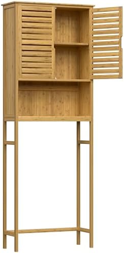 Yardenaler Over-The-Toilet Storage Shelf with Doors, Bathroom Freestanding Bamboo Organizer Space Saver with Adjustable Shelf, Natural