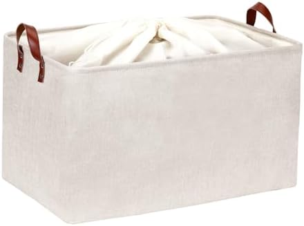 DULLEMELO Large Beige Storage Basket 70L Oversized Canvas Fabric Storage Bin, Collapsible Rectangular Toys Basket Organizer with Handles, 22X15 Storage Container for Clothes, Blankets, Pillows