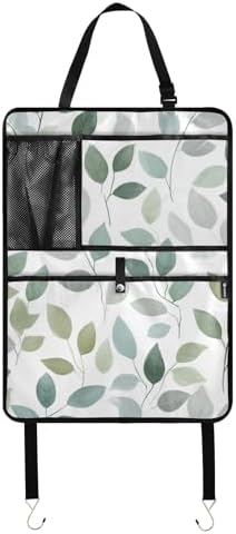 1 Pack Back Seat Car Organizer with Storage Pockets Kick Mats Back Seat Protector Hanging Car Organizer Automotive Seat Back Cover Organizers Fresh Green and Grey Leaves