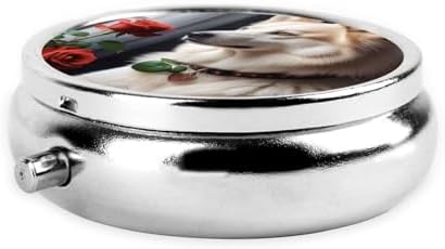 ZhongGuo Dog and Rose Printed Pill Organizer,Round Travel Pill Organizer Mini Medicine Pill Box for Purse Iron Plating
