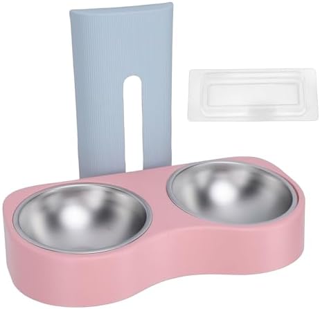 Wall Mounted Dog Bowls, Raised Cat Double Stainless Steel Bowl, Elevated Food and Water Bowls Kitten Feeding Dish Pet Feeder Station for Small Pets (Blue Pink)
