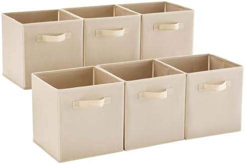 MAX Houser 6 Pack Foldable Fabric Storage Bins with Dual Handles, Beige | 6 pack cloth storage bins with dual carry handles, Foldable Storage Cubes Organizer Baskets, ideal for home bedroom closet