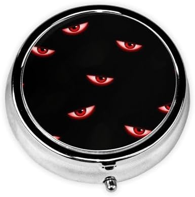 Pocket Pill Box, Waterproof Round Dispenser, Portable Mini Case for Supplements, Daily Use Organizer for Active Lifestyles, Evil Black Red Eyes