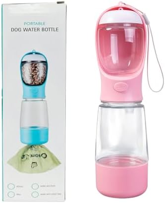 3-in-1 Portable Dog Water Bottle Leak Proof 14oz Pink | Pet Water Dispenser with Built-in Snack Storage, Waste Bag Holder, For Outdoor Walking, Hiking, Travel