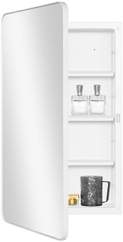 White 16 x 28 Wall Medicine Cabinet, Mirror with Adjustable Storage Shelves | White Bathroom Wall Cabinet with 3 Adjustable Plastic Shelves, Reversible Mirror Door & Hardware; Recessed/Surface Mounting