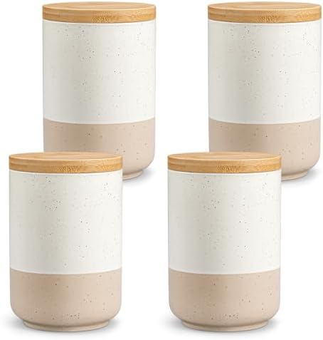 vancasso Sabine Ceramic Canister Set with Airtight Wood Lids - 4-Piece Small Kitchen Storage for Coffee, Sugar, Tea & Spices (18 oz Each) - Compact Countertop Jars
