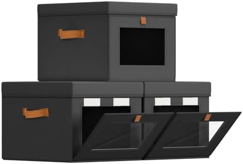 Homsorout Storage Bins with Lid – Closet Organizer with Side Opening and Clear Window, Foldable Stackable Fabric Basket for Clothes, Home, Office - 13.77" x 11.8" x 9.8", 3 Pack, Black