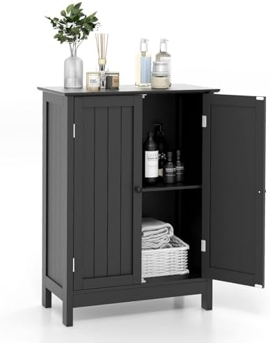 COSTWAY Bathroom Storage Cabinet, Freestanding Bathroom Organizers and Storage with Doors & Adjustable Shelf, Wooden Floor Cabinet for Home, Living Room, Entryway, Kitchen (Black) | Storage with Doors & Adjustable Shelf, Wooden Floor Cabinet for Home, ...