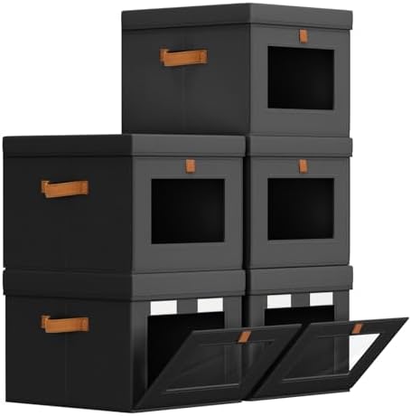 Homsorout Storage Bins with Lid – Closet Organizer with Side Opening and Clear Window, Foldable Stackable Fabric Basket for Clothes, Home, Office - 13.77" x 11.8" x 9.8", 5 Pack, Black