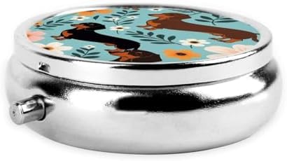Dachshund Floral Printed Pill Organizer,Round Travel Pill Organizer Mini Medicine Pill Box for Purse Iron Plating