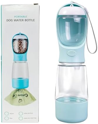 3-in-1 Portable Dog Water Bottle Leak Proof 14oz Blue | Pet Water Dispenser with Built-in Snack Storage, Waste Bag Holder, For Outdoor Walking, Hiking Travel