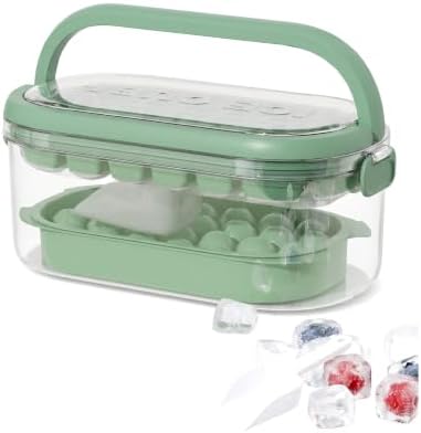 Ice Cube Tray with Bin and Lid, 54-Cell Dual Shape, Easy Release | 28 Square 26 Round Molds, Green, Easy Twist Release, Storage Bin with Collapsible Handle, For Freezer, RV, Camping, Parties