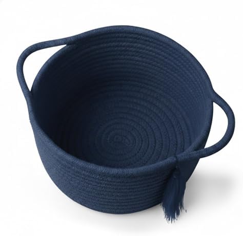 Small Gift Basket Empty to Fill with Gift Bag & Ribbon, Navy Blue | Cute Decorative Mini Woven Rope Basket with Handles for Gifting; Reusable for Bathroom Counter or Desk Catchall, 8 x 4.7 in