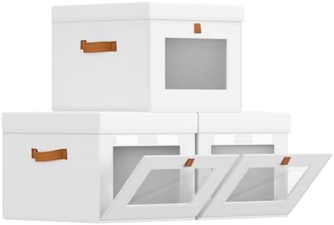 Homsorout Storage Bins with Lid – Closet Organizer with Side Opening and Clear Window, Foldable Stackable Fabric Basket for Clothes, Home, Office - 13.77" x 11.8" x 9.8", 3 Pack, White