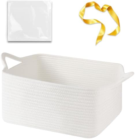 OIASKET Empty Cotton Rope Gift Basket with Handles, 15.4"x11.4"x6.7" Decorative Woven Storage Basket with Gift Bag and Ribbon Set for Baby Shower, Toy Organizer for Kids, Dogs & Cats - Medium White