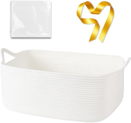 OIASKET Large Empty Cotton Rope Gift Basket with Handles, 18.9"x13.8"x7.8" Decorative Woven Storage Basket with Gift Bag and Ribbon Set for Baby Shower, Toy Organizer for Kids, Dogs & Cats - White