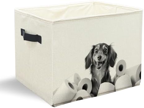 Funny Dachshund Bathroom Storage Bins Box, Dachshund Lovers Gifts, Black and White Weiner Dog Storage Basket Laundry Hamper with Handle for Bathroom Clothes Vanity Undersink Home Organization