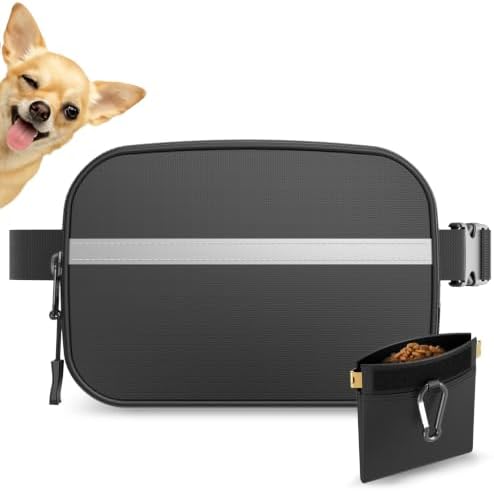 Dog Treat Pouch with Poop Dispenser and Reflective Strip for Training Walks | Removable Auto Closing Pouch, Dual Compartment, Waterproof Fabric, Crossbody Waist Belt for Hiking Outdoor Everyday Use