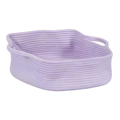 XUANGUO Medium Woven Cotton Rope Storage Basket with Handles, Light Purple | Small decorative rectangle storage bin for baby nursery items and cat toys; ideal as an empty gift basket or dog toy basket