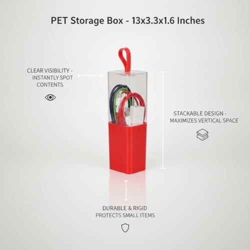 Stackable PET Storage Box, Rigid Clear Organizer for Cables & Small Items, Durable Transparent Container, 13 x 3.3 x 1.6 Inches