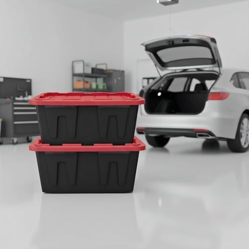 27 Gallon Heavy-Duty Storage Totes with Secure Snap Lids, 4-Pack Stackable Plastic Bins for Garage, Basement, Attic Organization - Black Base & Red Lid, Lockable Design for Indoor/Outdoor Use (4 PACK)