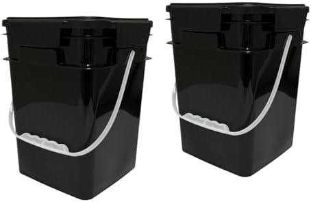House Naturals 4 Gallon Square Food Grade Plastic Bucket with Lid, Made in USA (Pack of 2) BPA Free (Black)