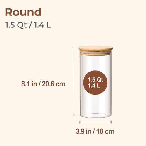 ComSaf Glass Storage Containers with Lids 1.5 Qt, Set of 3 Food Storage Jar | Glass Containers with Bamboo lids, Glass Canisters, Kitchen Cabinet Storage, Tea, Spice, Coffee, Cereal, Dry Food, BPA Free