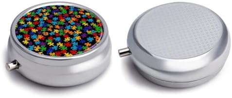 Round Pill Box with Mirror Colorful Puzzle Pieces Autism Awareness 3 Compartment, Decorative Metal Pill Case for Purse Travel Unique