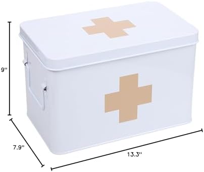 Lassos Boutique 13" Retro Enameled First Aid Box, Medicine Storage with Lid, Tray, Dividers, White/Tan