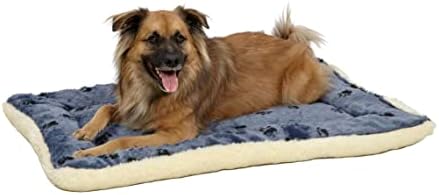 MidWest Homes for Pets QuietTime Reversible Paw Print Pet Bed, Soft Faux Fur & Fleece 36-Inch Crate Mat for Medium to Large Dogs, Machine Washable, Blue and Cream
