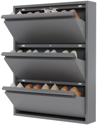 Garvee Slim Metal Shoe Cabinet with 3 Flip Drawers for Entryway, Dark Gray | Narrow Shoe Storage, Wall Mounted or Floor Standing, Detachable Bottom Corners for Flexible Placement, Anti-Tip Wall Mount
