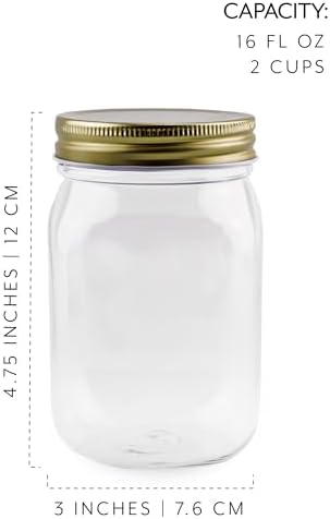 Cornucopia Brands 16oz Clear Plastic Mason Jars (8-Pack, Gold Metal Lids); PET BPA-Free Mason Style w/One Piece Lids, 2-Cup/Pint Capacity