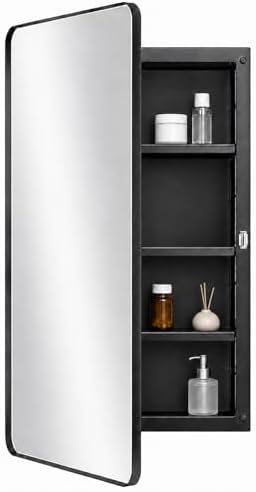 Plastic Black Medicine Cabinet 16x28 Beveled Mirror, Recessed/Surface Mount | Black Round-Corner Metal-Framed Beveled Mirror Door with Reversible Opening; Pre-Assembled for Recessed Or Surface Mounting