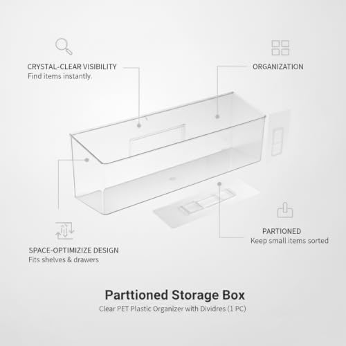 Partitioned Storage Box, Clear PET Plastic Organizer with Dividers for Bathroom Shelf and Drawer, Keeps Small Items Sorted and Visible (1 PC)