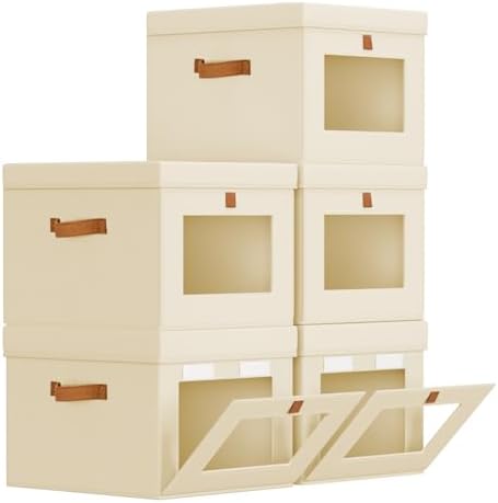 Homsorout Storage Bins with Lid – Closet Organizer with Side Opening and Clear Window, Foldable Stackable Fabric Basket for Clothes, Home, Office - 13.77" x 11.8" x 9.8", 5 Pack, Beige