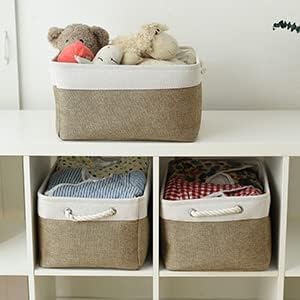 Storage Basket for Organizing - 16x12x8 inch Large 3 Pack Collapsible Storage Bin for Shelves with Handles, Fabric Storage Cubes for Organizer Cloth Gift Toy Closet (Whiet & Khaki)