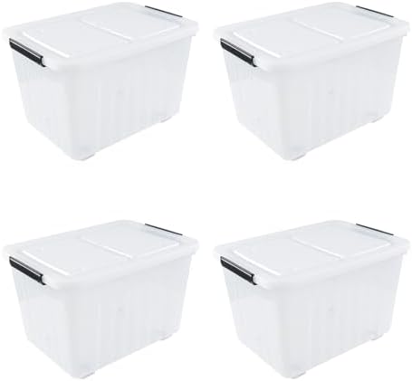 Clear Plastic Storage Bins With Wheels, 50 L, 4-Pack | Stackable Large Rolling Tote Containers, Clear Lids for Closet, Garage, Dorm, Laundry Room Organization