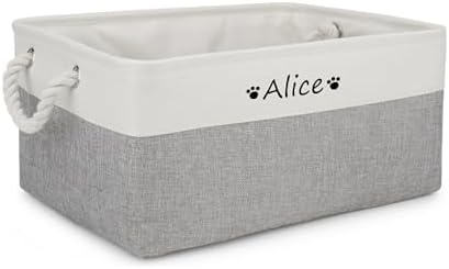 Dog Toy Basket,Dog Toy Bin Box with Comfortable Handles,Personalized Collapsible Large Pet Toy Storage Custom Name for Accessories,Toys,Clothing, Blanket & Leash（white gray,M）