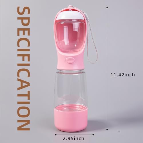 3-in-1 Portable Dog Water Bottle Leak Proof 14oz Pink | Pet Water Dispenser with Built-in Snack Storage, Waste Bag Holder, For Outdoor Walking, Hiking, Travel