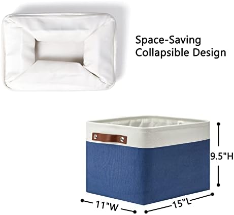 DULLEMELO Fabric Storage Basket for Closets,15x11x9.5 inch Foldable Storage Basket Bin with Handles for Office, Closet,Bedroom (White&Blue,1 Pack)