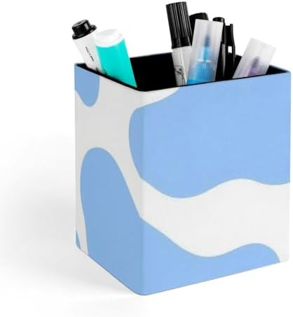 Pen Holder Square Desktop Organizer Pencil Cup For Desk, Office, Home And Stationary Supplies Light Blue Animal Cow Print
