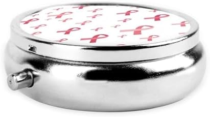 Round Pill Holder, Waterproof Organizer Case, Compact Travel Pill Box for Vitamins, Pocket Purse Use for Seniors, Breast Cancer Awareness Pink Ribbons White